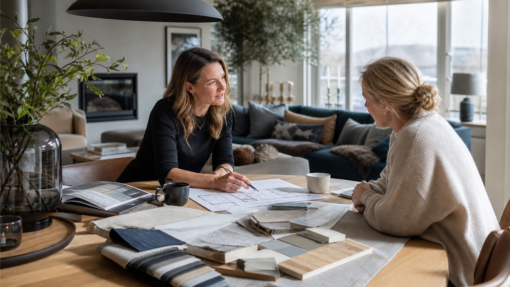 Interiørkonsulent og kunde vurderer plantegning og materialer