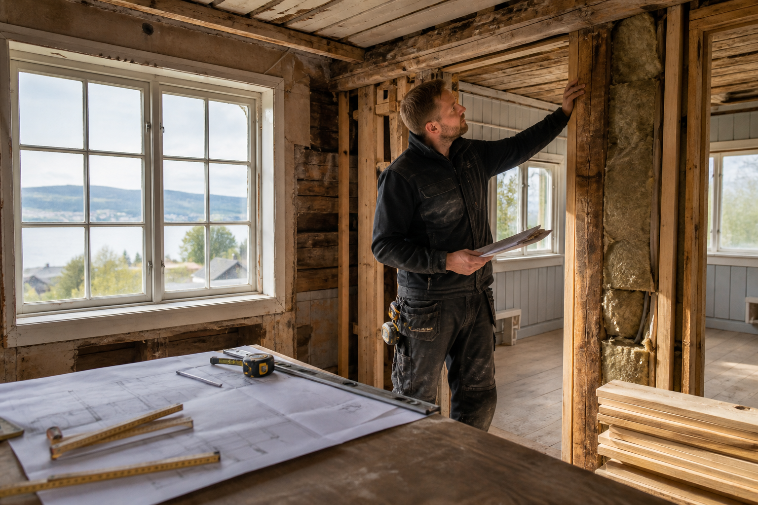 Fagperson inspiserer konstruksjonen i en eldre bolig under rehabilitering